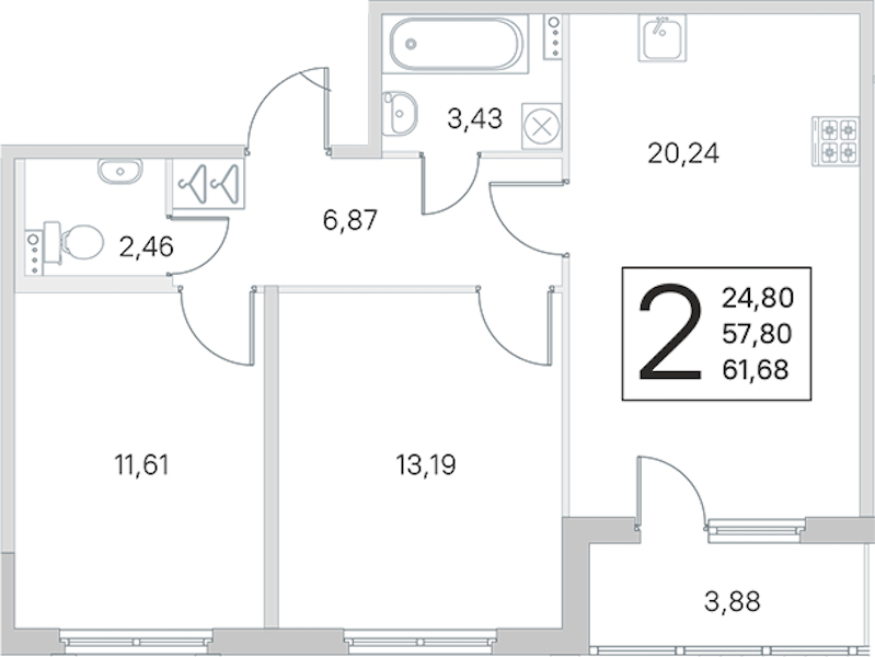 2-комнатная квартира 57.8 м², 1/4 эт., ЖК «Любоград в Стрельне»